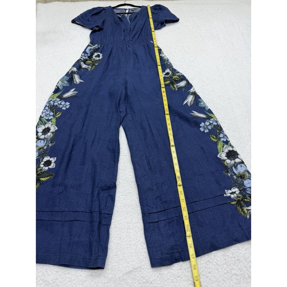 Anthropologie Jumpsuit Somerset Linen Blue Floral Retro Boho Preppy Medium NWT - Picture 4 of 14